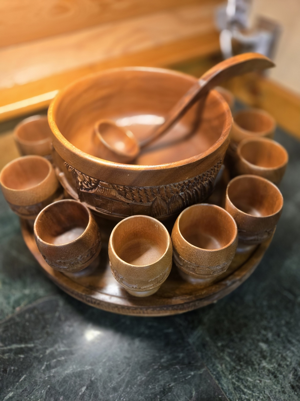 Hawiian 1970s Hand-Carved Monkey/Teak Wood Punch Bowl Set With Lazy Susan